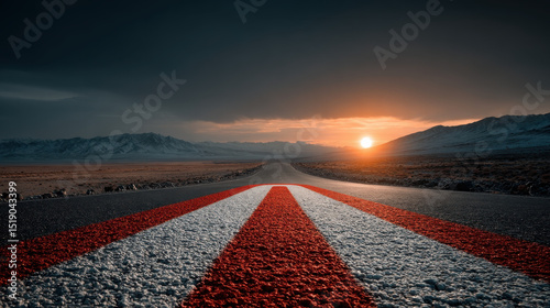 Long road stretches into distance, leading towards vibrant sunset with mountains in background. road features striking red and white stripes, creating sense of adventure and possibility