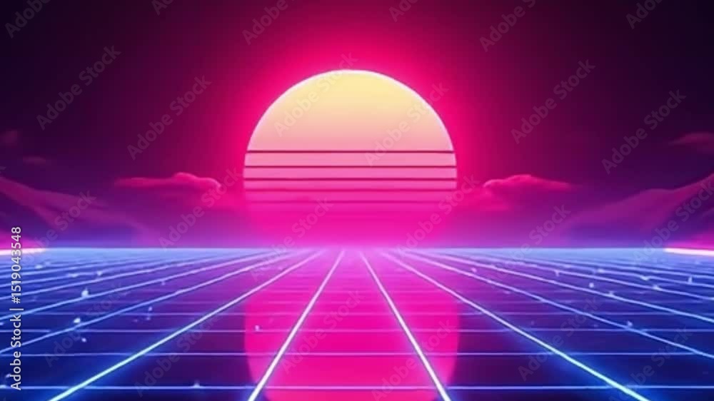 synthwave background, retro futuristic animation, neon grid video, glowing sun animation, 4k synthwave loop, 80s retro loop, synthwave sun rising, futuristic retro video, neon animation background, 