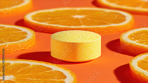 Vibrant effervescent tablet surrounded by fresh orange slices, creating refreshing and energetic atmosphere. bright colors evoke sense of vitality and health
