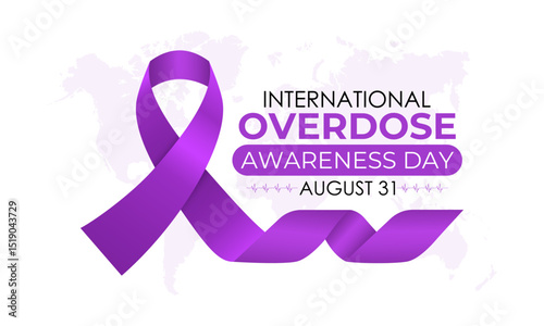 International Overdose Awareness Day. Unite for Prevention, Remember with Purpose. Syringe, pills, Medicine bottle, Capsules with powder or granules.. Purple Realistic ribbon. Banner poster, backgroud