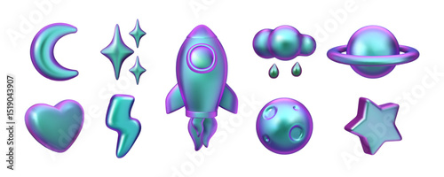 Space holographic icon set. Vector 3d metallic stickers, iridescent planets, moon, heart, star, rocket with fire. Y2k glossy illustration isolated on white background