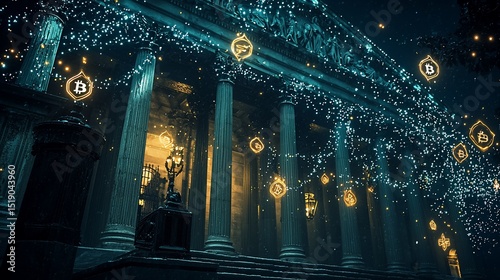 Illuminated classical building at night, adorned with glowing ornaments and light strings