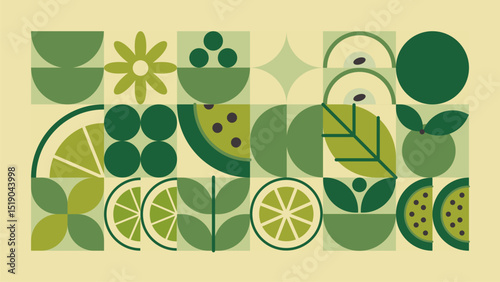 Green geometric food mosaic - lime and watermelon, lemon slices and leaves in abstract patchwork pattern. Round organic shapes combined in grid layout. Decorative repeat ornament design for print.