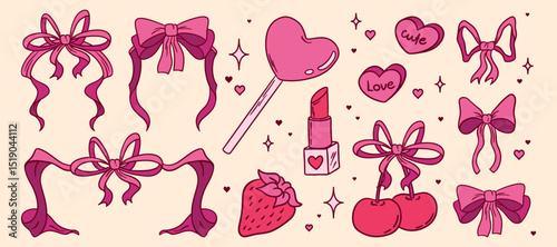 Coquette pink doodle set - cute girly stickers and patches collection. Hand drawn ribbon frames and heart candies, lipstick and bows, strawberry and cherry illustrations. Feminine cartoon accessories.