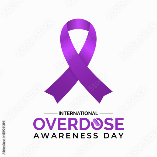 International Overdose Awareness Day. Unite for Prevention, Remember with Purpose. Syringe, pills, Medicine bottle, Capsules with powder or granules.. Purple Realistic ribbon. Banner poster, backgroud