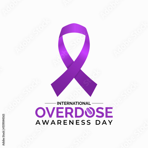 International Overdose Awareness Day. Unite for Prevention, Remember with Purpose. Syringe, pills, Medicine bottle, Capsules with powder or granules.. Purple Realistic ribbon. Banner poster, backgroud