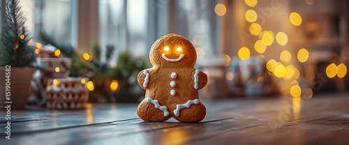 Illuminated gingerbread man on wooden surface, festive bokeh background