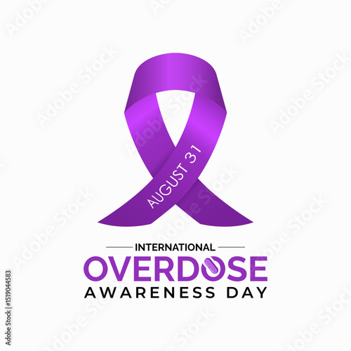 International Overdose Awareness Day. Unite for Prevention, Remember with Purpose. Syringe, pills, Medicine bottle, Capsules with powder or granules.. Purple Realistic ribbon. Banner poster, backgroud