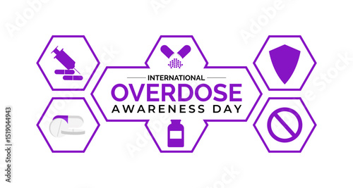 International Overdose Awareness Day. Unite for Prevention, Remember with Purpose. Syringe, pills, Medicine bottle, Capsules with powder or granules.. Purple Realistic ribbon. Banner poster, backgroud
