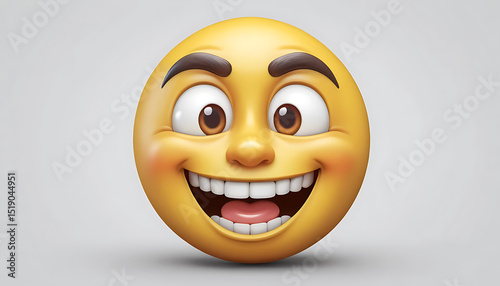 Vibrant 3D Happy Emoji with Exaggerated Grin, Rosy Cheeks, and Bright Eyes on a Neutral Background
