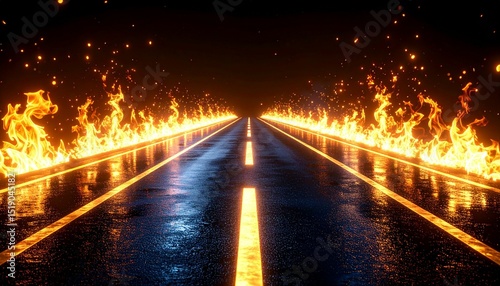 Wallpaper Mural 3d rendering, abstract black background with wet long road on fire, blazing flames Torontodigital.ca
