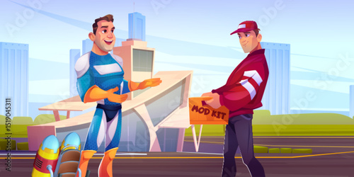 Cartoon superhero man meets delivery worker in modern city - blue costumed hero talks with post courier holding orange box near futuristic building. Urban scene with champion receiving package.