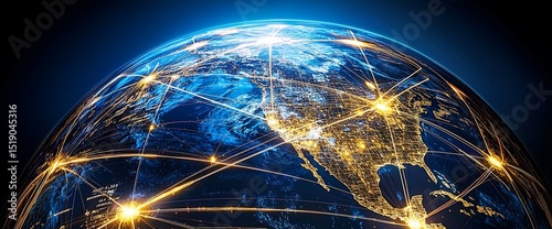 Illuminated globe showcasing global network connections, highlighting city lights and data streams across continents