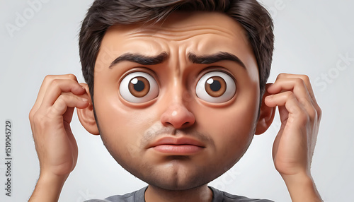 3D Cartoon Man with Wide Eyes and Hands on Ears Expressing Confusion or Disbelief