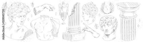 Greek ancient doodle collection with classical elements - line art statues with curly hair, torso sculptures, fluted columns, laurel wreaths and amphora vessels. Sketched archaeological artifacts.