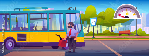 Bus driver fills empty vehicle with fuel from red canister at stop - bearded man in uniform carries canister to tank of public transport for city routes. Urban station with gauge meter, bench, trees