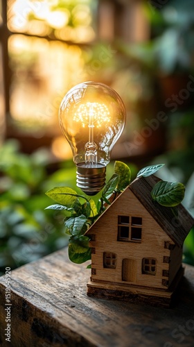 Illuminated lightbulb hovers above a miniature wooden house nestled amongst greenery, symbolizing sustainable energy and eco-friendly homes