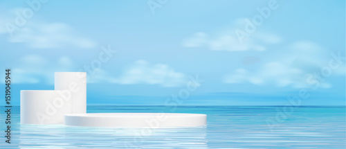 White geometric podium floating on calm water surface and blue sky with soft clouds. Modern product display platform reflected in glass like sea. Minimalist stage for cosmetic or luxury presentation.