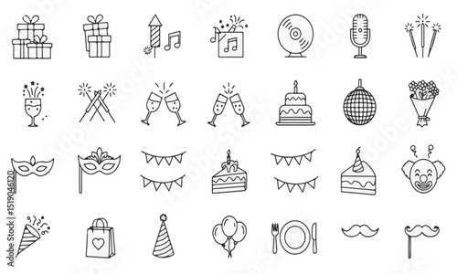 Hand-Drawn Celebration & Party Icons: Doodle Vector Set