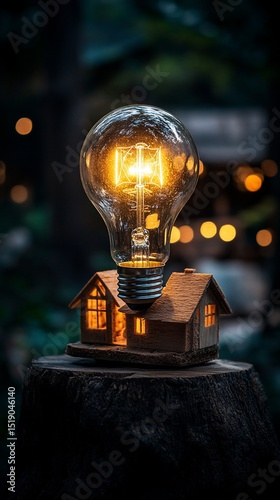 Illuminated miniature house glows inside a lightbulb, perched on a tree stump.  Warm light and blurry background
