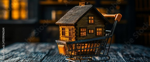 Illuminated miniature house sits inside a small shopping cart on a dark wooden surface