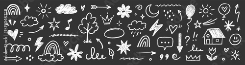 Hand drawn crayon chalk icon set. Cute flower, heart, cloud, star, crown and rainbow in colorful kid scribble style. Tree, house, smile, sun school sketch nature children design. Vector illustration