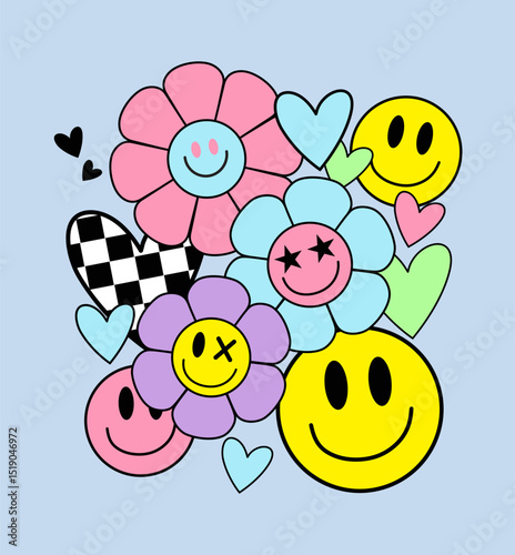 trendy collage of smileys, hearts, and flowers in pastel colors beautifull flower emoji