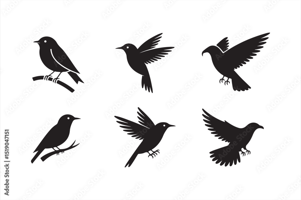 Fototapeta premium Creative set of bird icons in black silhouette style, featuring different wing positions and nature-based designs