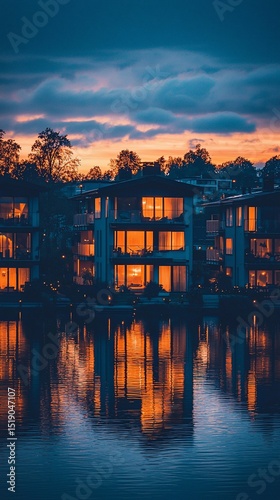 Illuminated modern buildings reflected in calm water at sunset