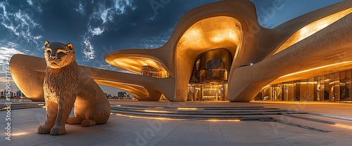 Illuminated modern building, unique design, large feline statue in foreground. Dusk scene