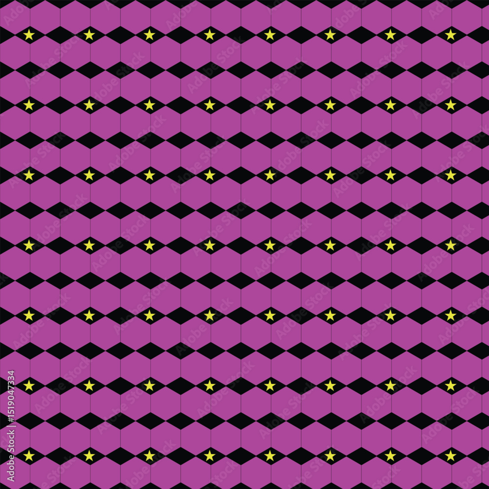 Geometric seamless pattern with black diamonds and yellow stars on purple background
Geometric seamless pattern with black diamonds and yellow stars on purple background