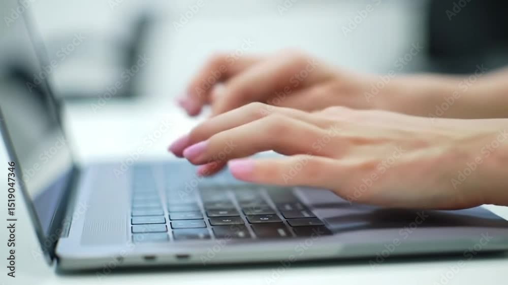 Close up of hands typing on laptop keyboard in professional workspace Close up of hands typing on laptop keyboard in professional workspace