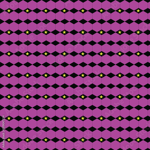 Geometric seamless pattern with black diamonds and yellow stars on purple background

