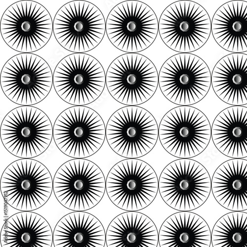 Black circular sunburst pattern in seamless geometric vector design

