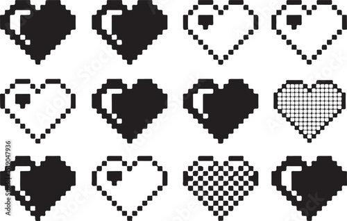 Set of pixelated heart icons with broken, fragmented, and smooth designs for creative digital projects