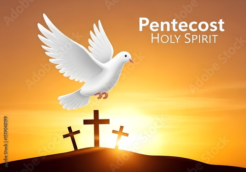 Pentecost Holy Spirit with Dove and Crosses at Sunset/ Pentecost Sunday.