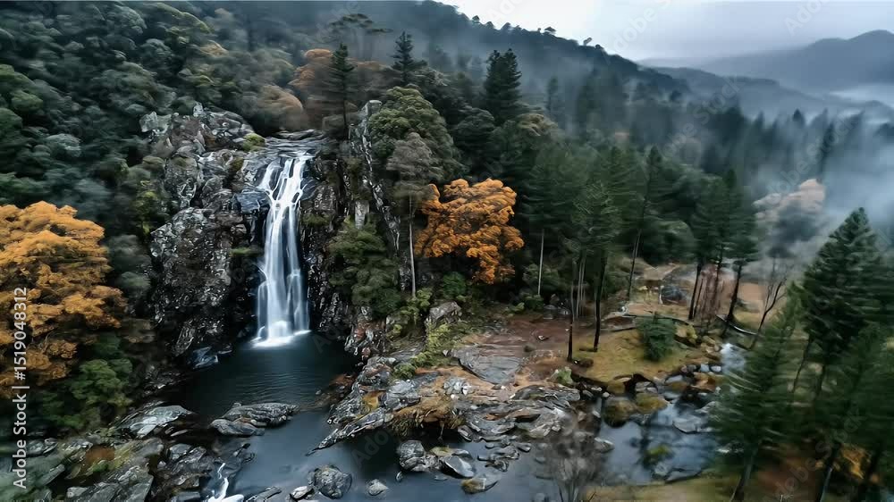 Aerial view majestic waterfall autumn forest landscape