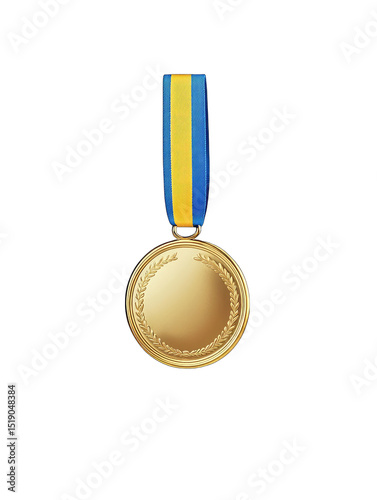 A gold medal hangs from a blue and yellow ribbon, signifying achievement or victory. The medal's design is simple yet elegant, featuring a circular shape with a laurel wreath border