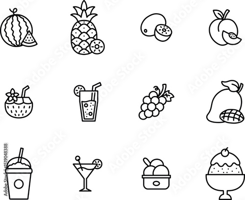 Minimal summer fruits and drinks icon set in clean black line style. Ideal for outline-based seasonal graphics and simple modern illustrations.