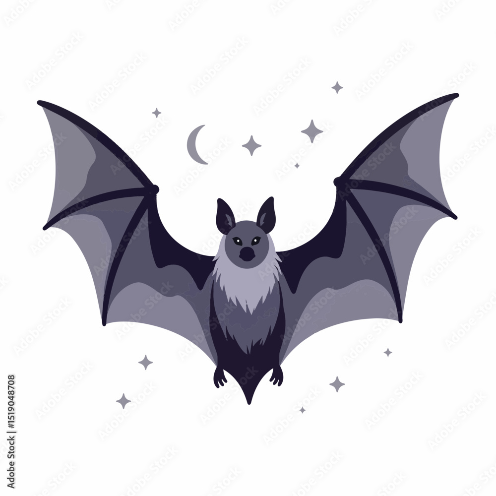 Fototapeta premium Detailed bat illustration flying against night sky elements, nocturnal theme