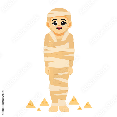 Stylized mummy smiling with ancient pyramids, playful Egypt theme