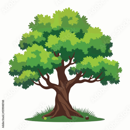 Majestic oak tree with vibrant green leaves against white background, strength
