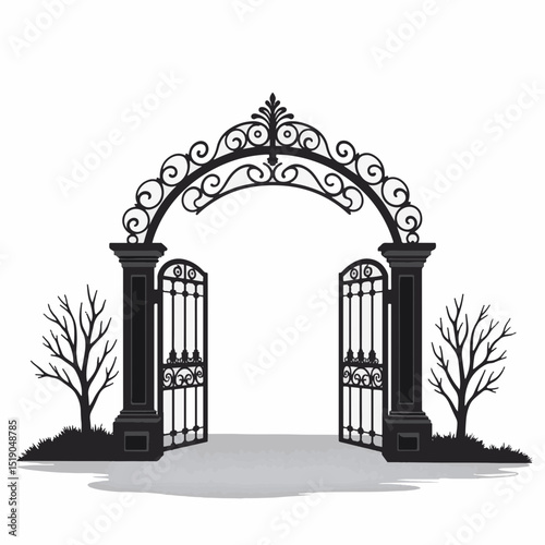 Inviting wrought iron park gate with intricate designs, elegant simplicity