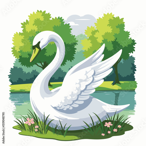 Graceful swan with wings outstretched by serene pond, natural beauty