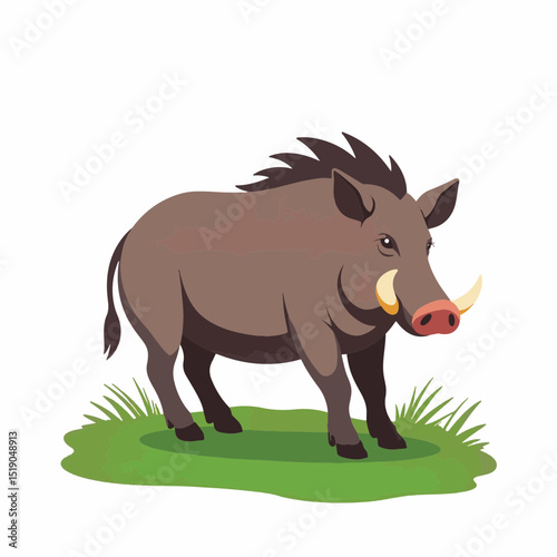 Stylized wild boar standing on grass, nature illustration concept