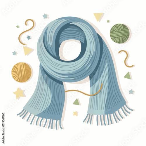 Cozy knitted scarf draped with yarn balls and shapes, warmth concept