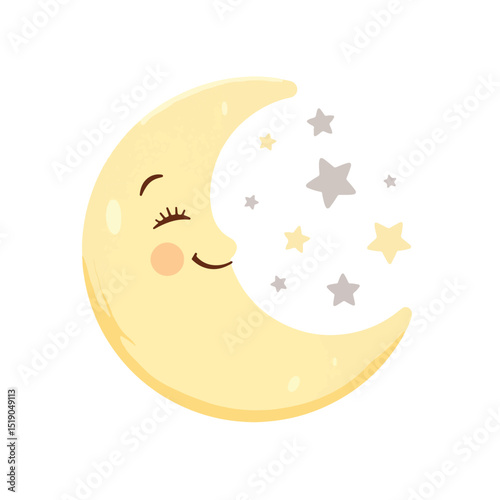 Smiling crescent moon with stars on white background, tranquility concept