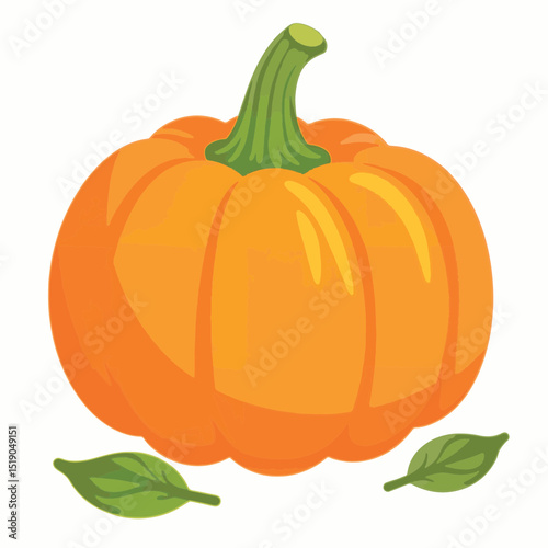 Vibrant orange pumpkin with green leaves on white background, autumn symbol