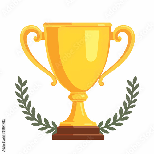 Golden trophy cup with laurel leaves on white background, achievement