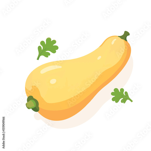 Ripe butternut squash with green leaves on white background, freshness